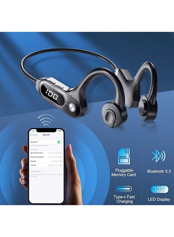 EETU Bone Conduction Headphones With LED Display,Bluetooth 5.3 Sports Wireless Earphones For iOS Android,Waterproof Open Ear Headset Built-in Mic HiFi Stereo For Running Cycling Driving,Black - Image 2
